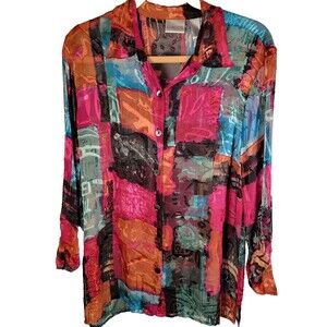 Chicos Velvet Sheer Blouse Size 1 Burnout Silk Blend Multicolor Button Down